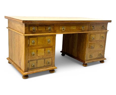 Barker & Stonehouse - 'Flagstone' inlaid mango wood pedestal desk, the rectangular top with multi-panel parquet inlay and mou