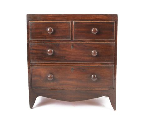 Victorian mahogany 'apprentice piece' miniature chest, rectangular top over two short and two long cock-beaded drawers with t