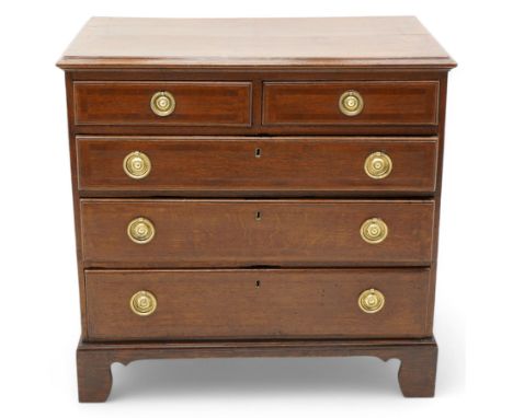 George III oak and mahogany banded chest, moulded rectangular top over two short and three long drawers, fitted with circular