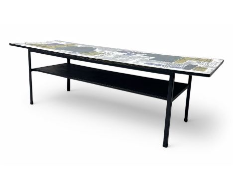 Mid-20th century Continental modernist coffee table, rectangular top decorated with a stylised London cityscape including St 