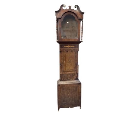 D Hudson of Otley - late 19th century 30 hour oak and mahogany longcase clock, with a swan necked pediment, break arch hood d
