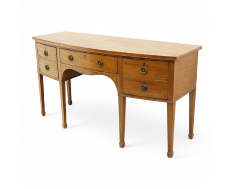 George III mahogany bow-fronted sideboard, fitted with three cock-beaded drawers, the right-hand cellarette drawer with lead 