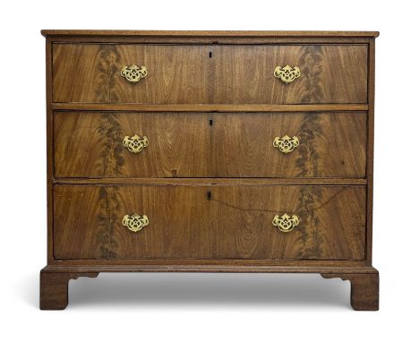 19th century mahogany chest, rectangular top over three long cockbeaded drawers fitted with pierced brass backplate handles, 
