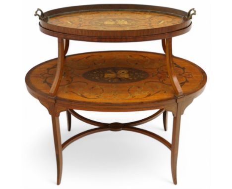 Edwardian inlaid satinwood etagere, removable tray top with glass base and brass carrying handles, two graduating tiers each 