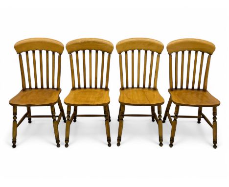 Set of four 20th century beech stick-back farmhouse chairs, each with curved top rail above a sticked backrest, dished seat a