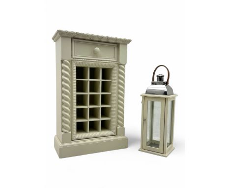 Contemporary painted wooden wine cabinet, rectangular form with carved leaf moulded cornice over single drawer and fifteen bo