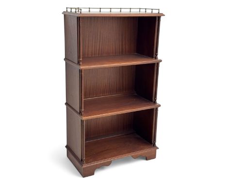 Mid-20th century mahogany open bookshelf, the rectangular top with a brass balustrade gallery, over three shelves each suppor