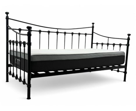 Contemporary Victorian revival black metal day bed, featuring arched back and sides with turned finials and spindle rails, co