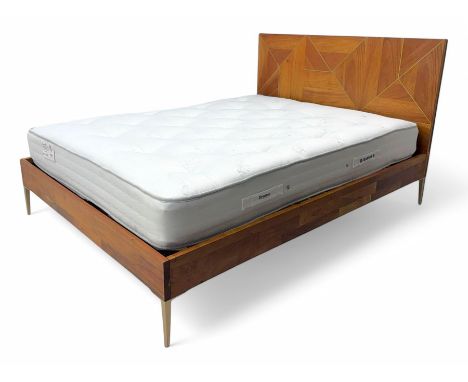 Barker & Stonehouse - contemporary chestnut king size bed frame, with geometric inlaid headboard and brass detailing, slatted