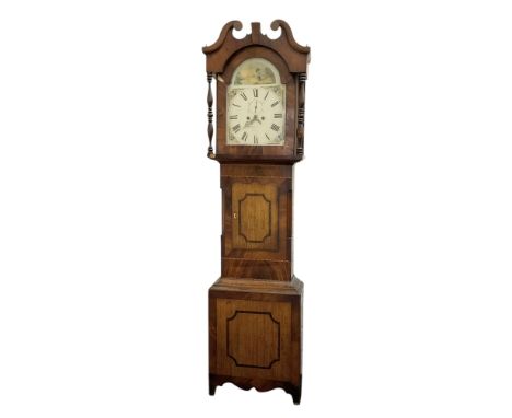 Late 19th century- 8-day mahogany and oak longcase clock, with a swan necked pediment and break-arch hood door beneath flanke