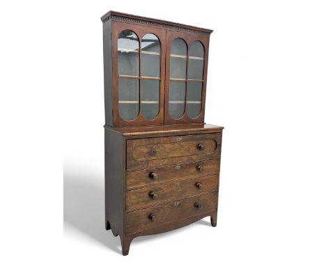 19th century mahogany secretaire bookcase, with dental cornice, two glazed doors above three long graduating drawersDimension