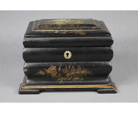 A Chinese Export Black Lacquer Tea Caddy. The tea caddy depicting a Continental scene, approx 20 cms w x 15 cms h.