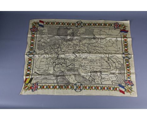 A Silk Souvenir Neck Scarf. The scarf depicting a European map surrounded by country flags, approx 61 x 40 cms.