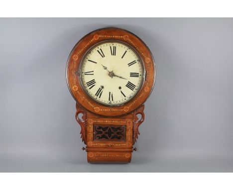 An Early 20th Century Wall Clock. The case with decorative inlay, cream enamel face with Roman dial, approx 70 h x 44 cms w, 