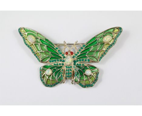 An Art Nouveau-Style Silver and 'Plique a Jour' Butterfly Brooch. The butterfly body and wings heightened with opals and set 