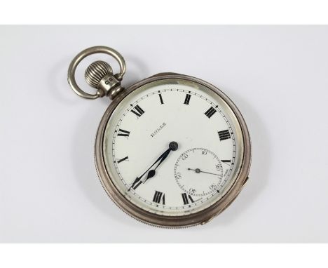 A Silver Open-faced Vintage Rolex Self-wind Pocket Watch. The watch having a white enamel face with Roman numerals and minute