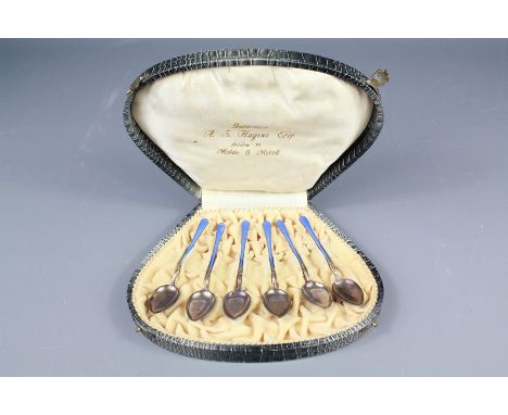 A Set of Six Blue Enamel Silver Coffee Spoons. The Continental teaspoons by Guldsmed A.S. Hagens Eftf, telefon 95, Molde &amp