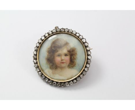 A 19th Century Fine 14/15ct Gold and Diamond Portrait Miniature Brooch/Pendant. The circular miniature depicts a little aubur