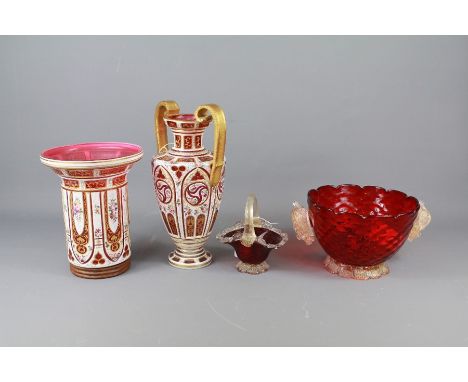 19th Century Bohemian Glass. This lot includes an enamel white-cut to cranberry double handled urn painted with floral spray 