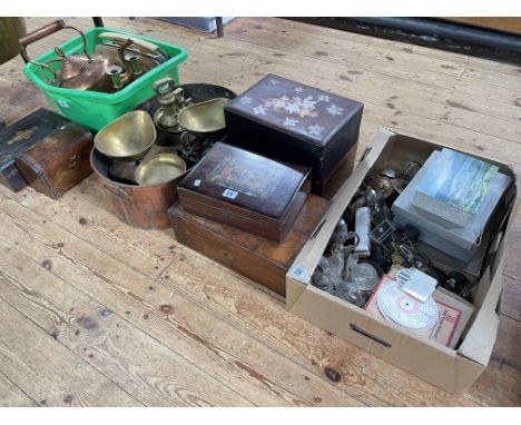 Antique boxes, vintage brass scales, copper kettle, cruet, etc.