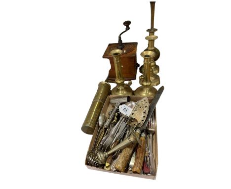 Fruitwood coffee grinder, Asian brass example, pair of circa 19th Century brass candlesticks, etc.