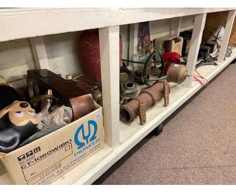 Vintage radios, coach lamps, glass ceiling shades, glass bottles, camera, etc.
