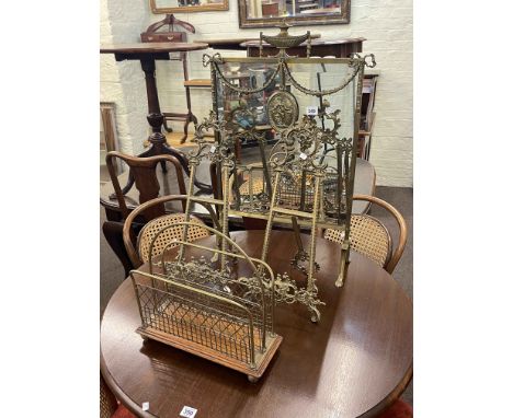 Ornate brass and mirrored firescreen, pair of ornate brass easel stands and small magazine rack.