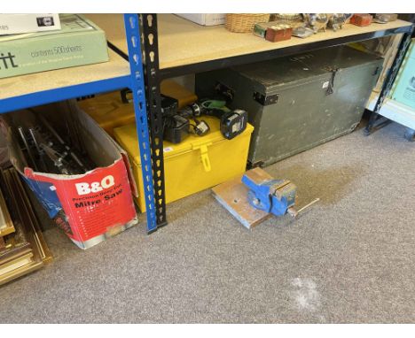 Vintage wooden trunk, hand tools, mitre saw, two tool boxes, etc.