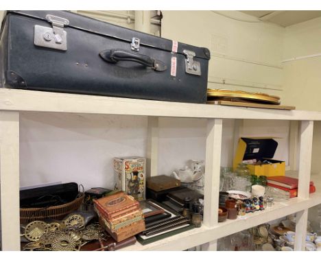 Collection of silver spoons in case, loose stamps, Commonwealth stamp albums, cased cutlery, glass, horse brasses, trunk, mir