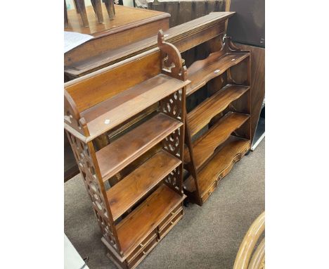 Oak wall rack, mahogany wall shelf and mahogany standing shelf unit.