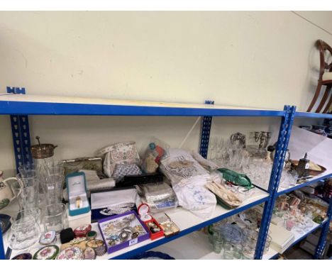 Collection of linens, glass, metalwares, costume jewellery, trinket boxes, etc.