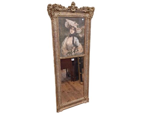 Ornate gilt framed mirror with incorporated classical scene print, 126cm by 53cm.