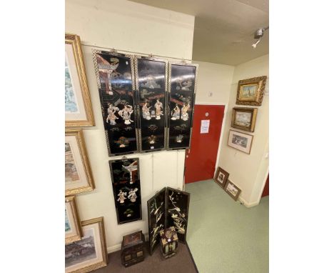 Four decorative Chinese panels, firescreen and two small cabinets.