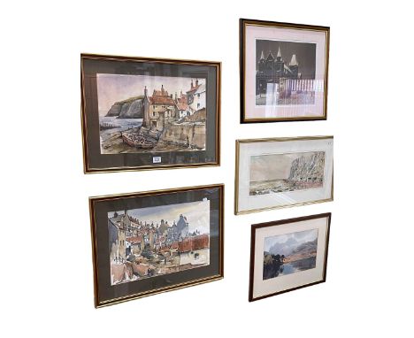 L Spence two watercolours of Staithes, Arthur Delany print, and two other pictures (5).