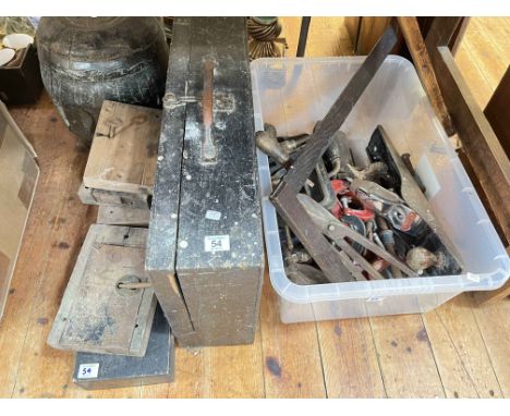 Collection of hand tools, key locks, tool box, bench ends etc.