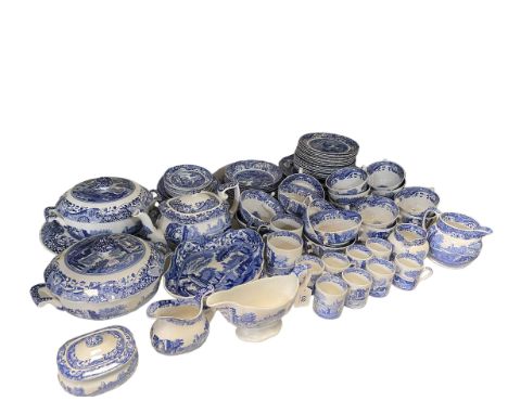 Collection of blue and white Spode porcelain including tureens, teapot, etc, 75 pieces.
