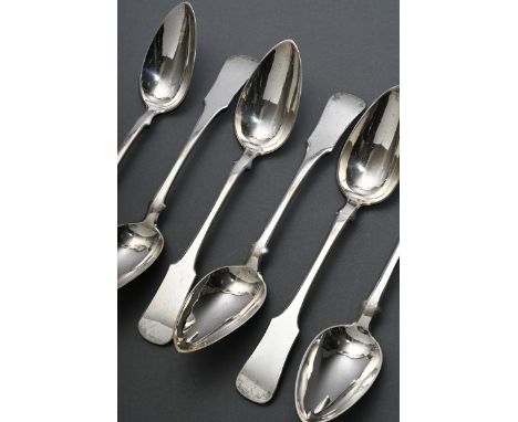6 Große "Spatenmuster" Löffel, Deutsch um 1858, verso Punktgravur, MZ: Busch, Silber, 349g, L. 22,2cm, in Etui, Gebrauchsspur