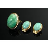 3 Teile Gelbgold 585 Türkis Cabochon Schmuck: Ring (10,5g, Gr. 53, 2,8x2cm) und Paar Ohrclips (9g,