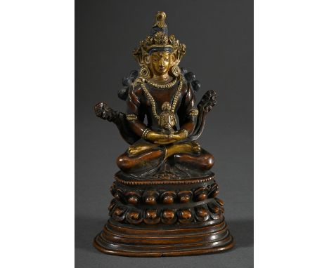 Meditierender Buddha Amitayus auf Lotosthron mit Vase mit Nektar der Todlosigkeit in Vase, Kupfer und vergoldete Bronze, Inka