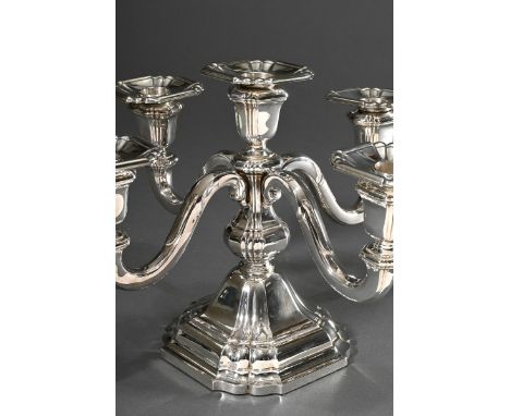Fünfflammige Tafel Girandole in barock getreppter Façon auf eckigem Fuß, Gebr. Friedländer, Silber 835, Fuß gefüllt, H. 22cm