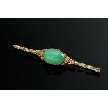 Floral gravierte Gelbgold 585 Stabnadel mit Jadecabochon, um 1930, 4,6g, 6x1cm
