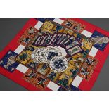 Hermès Seiden Carré "Le Tarot" in rot-blau-grün, Entw.: Philippe Ledoux, 2011, gerollter Rand, 90x9
