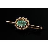 Kurze Gelbgold 585 Nadel mit grünem Glasstein (starker Abrieb) im Achtkant Diamantkranz (zus. ca. 0