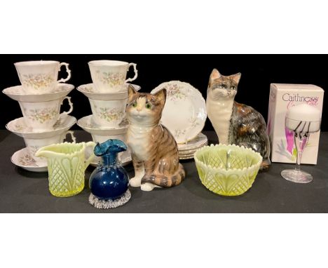 A Royal Albert Hawthorn pattern tea set for six; a Caithness candlestick, boxed; two model cats; a uranium glass milk jug and