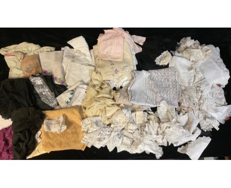 Textiles - embroidered cloths, lace trimming, cotton lace edged cloths, crochet doilies, table cloths, some 1970s/80s dress p