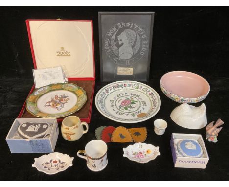 A Royal Crown Derby Treasures of Childhood mug, boxed; a Posie pattern trinket dish boxed; a Wedgwood black Jasperware heart 