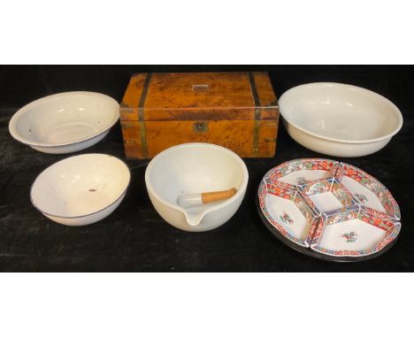 A large Victorian walnut writing box, c.1860; a large apothecary pestle and mortar; an enamel bowl; a Japanese porcelain entr