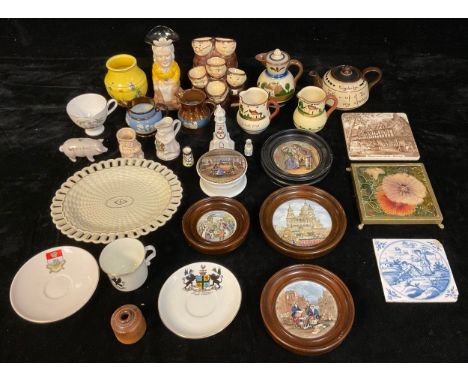 A 19th century Prattware pot lid, Shakespeare's House; another, Uncle Toby; other mid 20th century reproductions; an Art Nouv