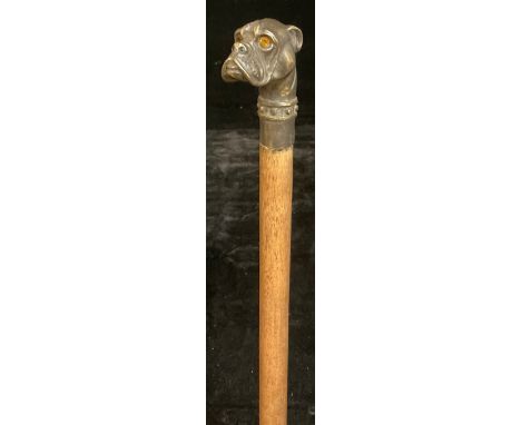 A novelty walking stick, the pommel cast as the head of a bulldog, glass eyes, 95cm long