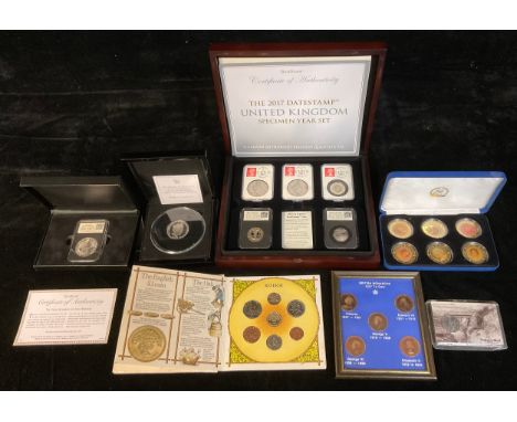 Coins - Coin Portfolio 2017 Datestamp UK collection two £5, two £2 and 50p in plastic cases boxed with certificate; boxed set